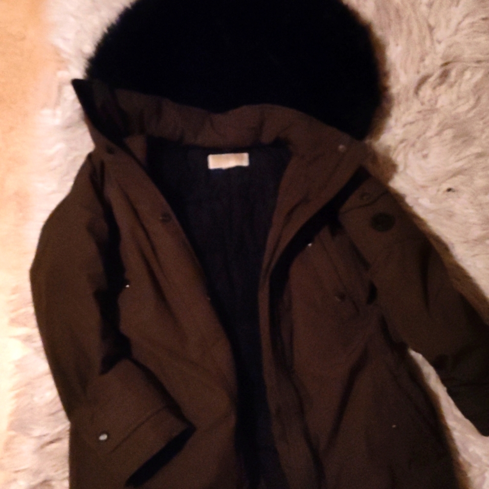 Michael Kors Brown faux fur hood long stylish, goose down Jacket
